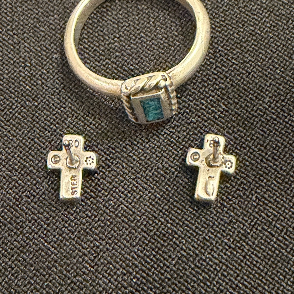 🌵✨ VINTAGE 1980 Sterling Silver Turquoise Cross Set – Ring Sz 4 + Stud Earrings - Picture 3 of 13